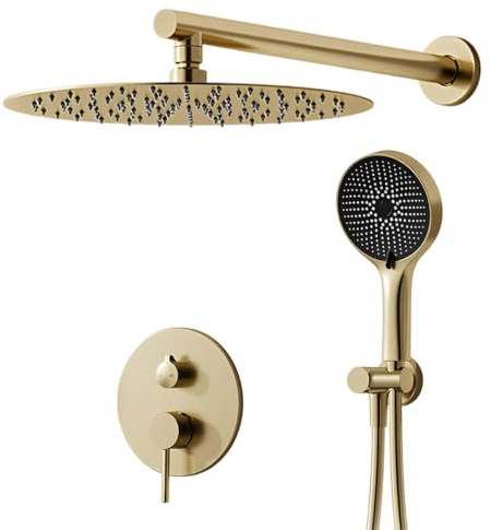 Unterputz Duscharmatur Set, Duschsystem Gold gebürstet, 40-cm-Regendusche | Duschsystem Unterputz,Antikalk-Duscharmatur Komplettset Gold mit Messingkartusche,Regendusche Set mit Handbrause 3 Strahlarte