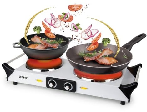 Duronic Electric Hot Plate HP2 WE, 2500W Double Burner Hob, Portable Table Top Cooker with Cast Iron Ring & Cool-Touch Handles for Camping, Caravans, Home, Small Kitchens, White