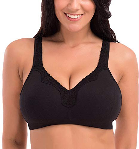 Delimira Women's Cotton Full Coverage Wirefree Non-Padded Lace Trim Plus Size Bra Black 36 B