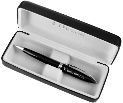 Herz & Heim® Charles Dickens Kugelschreiber mit Gravur in Schwarz in Geschenkverpackung