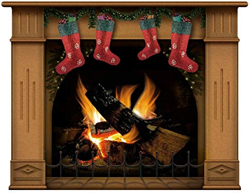 Wandaufkleber Kamin mit brennendem Feuer Wandtattoo Dekoration Brennholz Flammen fotorealistische Kunst Poster (Groß Braun mit 4 Weihnachtsstrümpfen)