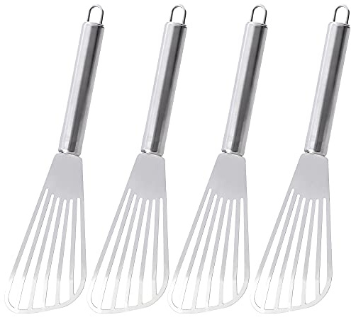 sourcing map Spatule à fente en acier inoxydable Barbecue Cuisine Ton Argent Pelle Tourneur 4 pcs