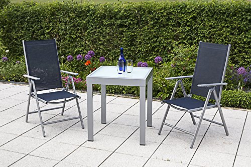 MERXX 3tlg. Amalfi Set, 2 Amalfi Klappsessel, Rückenlehne 5-Fach verstellbar, 1 Balkonausziehtisch, 65 (130) x 65 cm, Matte Glasplatte, Marineblau