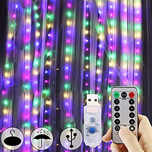 FANSIR 300 LED Curtain Lights, USB Plug in Window Lights 3m x 3m 8 Modes Remote Control Fairy Light Waterproof LED Copper String Lights for Outdoor Indoor Wedding Party Garden Bedroom Decoration