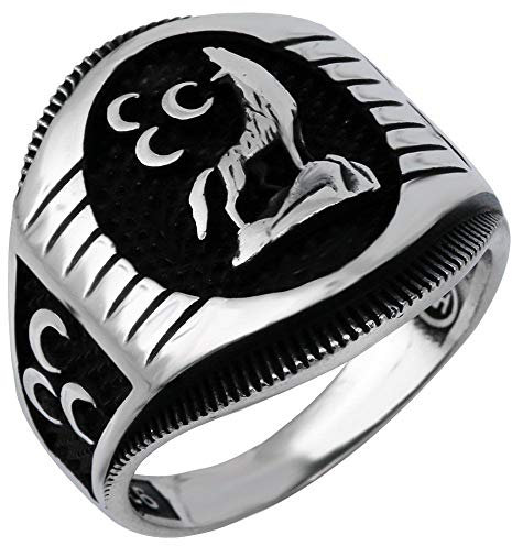 Herren-Ring aus massivem 925er-Sterlingsilber, Bozkurt 3 Halbmond-Grauer Wolf, Stein: Sterling Silber Metall Silber