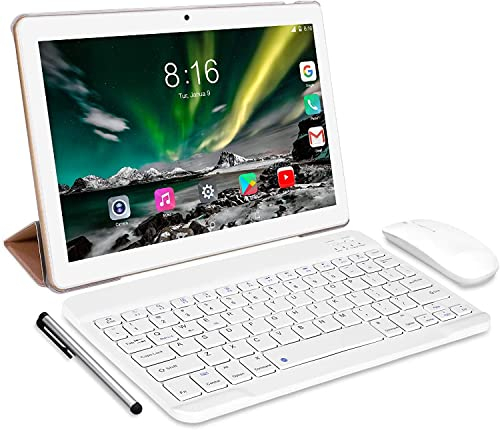 TOSCiDO Tablet 10 pollici 4G LTE Android 10.0,4 GB RAM,64 GB ROM, Octa Core 1.6 GHz, Dual SIM, supporto WiFi tastiera Bluetooth, mouse, custodia per tablet e altro ancora, colore oro