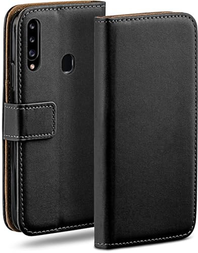 moex Book Case für Samsung Galaxy A20s Handyhülle mit Kartenfach, Hülle klappbar 360 Grad Schutzhülle, Klapphülle Flip Case Cover, PU Leder Handytasche Lederhülle, Schwarz