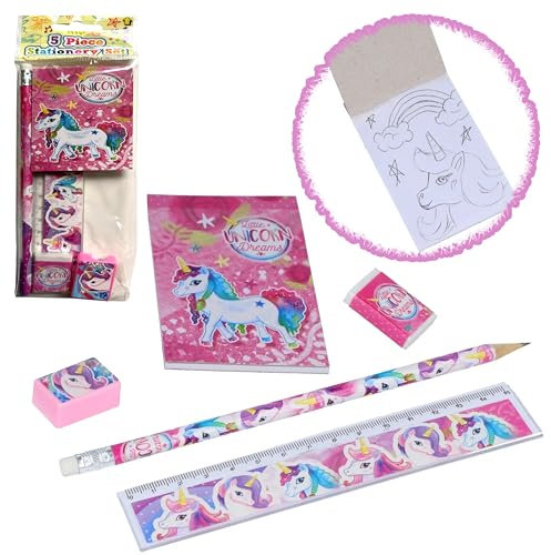 Einhorn-Schreibwarenset für Mädchen, 5-teilig, Regenbogen-Einhorn-Notizbuch, Bleistift, Radiergummi, Lineal und Anspitzer für Kinder, Unisex, ab 3 Jahren, Schulbedarf