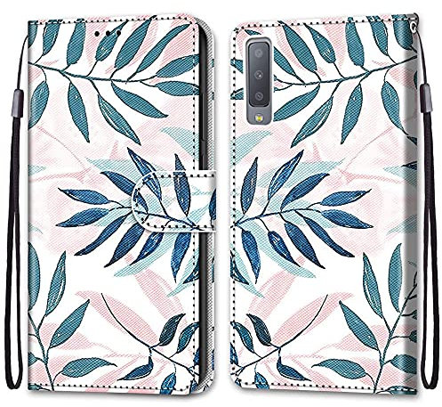 nancencen Kompatibel mit Samsung Galaxy A7 2018 / SM-A750 Handyhülle, Flip Cover Schutzhülle (Anti-Fall) Kartenschlitz Portemonnaie Stil - Blätter