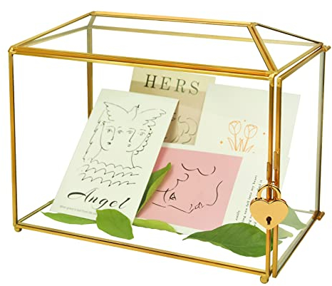Hochzeits-Goldglas-Karten-Box mit Schloss und Schlitz – Hochzeitsumschlag-Kartenhalter für Empfang, handgefertigtes goldfarbenes dekoratives Glas-Terrarium, Party-Herzstück, Geschenkkarten-Box,