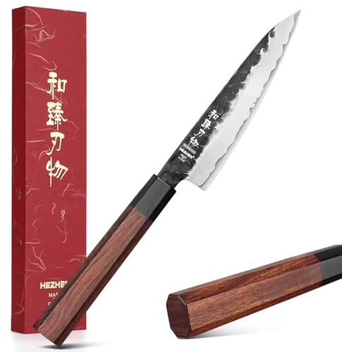 HEZHEN Utility Knife, Clad Steel Composite Forging Steel Universal Knife, Petty Knife Paring Fruit Peeling,Japanese Style Kitchen Knife,Natural Wood Octagonal Handle
