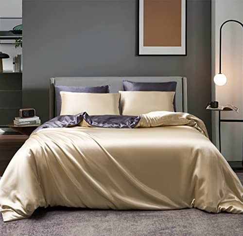 Boqingzhu Satin Bettwäsche 135x200cm 4Teilig Gold Beige Grau Anthrazit Seide Glanzsatin Bettwäsche Set Luxus Glatt Glänzend Wendebettwäsche Set Bettbezug und 2 Kissenbezüge 80x80cm