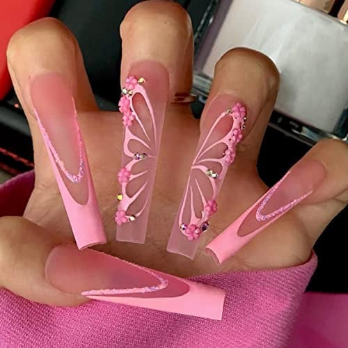 JUSTOTRY 24 Pcs Floral False Nails Long with Butterfly,Pink French Press on Nails Patterns, Diamond Ballerina Stick on Nails for Women,Acrylic Coffin Fake Nail Medium for Nail Art