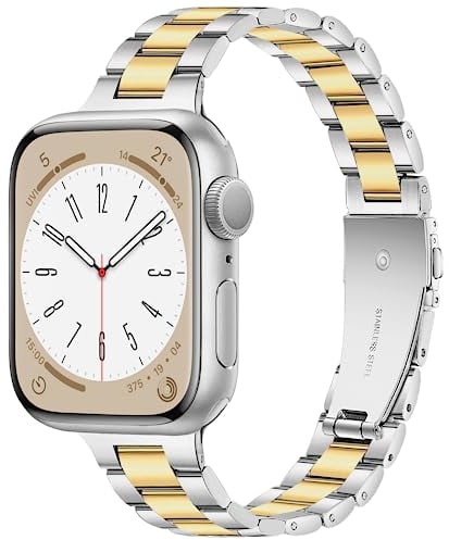 Vamyzji Metal Compatible with Apple Watch Series 10 Strap 42mm 41mm 40mm 38mm for Women/Men, Stainless Steel Slim Metal Gold Apple Watch Strap for SE, iWatch Series 10 9 8 7 6 5 4 3 2 1(Silver/Gold)