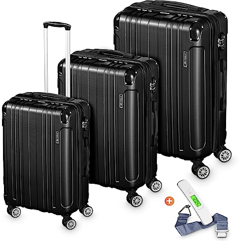 VESKA 3tlg. Hartschalenkofferset Hard Shell Reisekoffer Kofferset Trolley Koffer Hartschalenkoffer Reisekofferset Rollkoffer TSA Zahlenschloss 4 Rollen ABS-Hartschale M-L-XL (schwarz)
