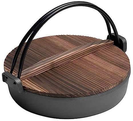 7 Größen Japanischer Sukiyaki-Topf, Gusseisen-Nabe-Tetsu-Topf, Doppelgriff, Shabu-Shabu-Hot-Pot, Sukiyaki-Pfanne mit Holzdeckel (Flacher Boden), 30 cm