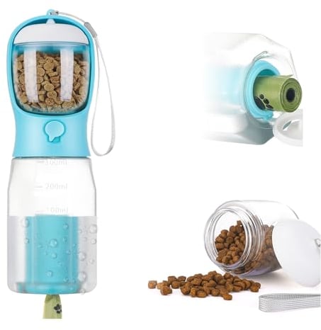 RUIFVJ Dog Water Bottle, 3 in 1 Portable Dog Water Bottle Dispenser, 12oz Large Capacity Dog Travel Water Bottle for Walking with Food Container, Portable Water Bottle for Dog(Blue)