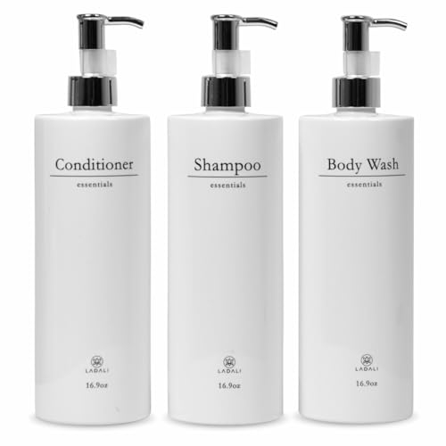 Shampoo and Conditioner Dispenser,16.9oz, Set of 3 Luxury Refillable Bottles with Permanent Stylish Label and Silver Pump, Aesthetic Home Bathroom Essentials (Whitesilver)