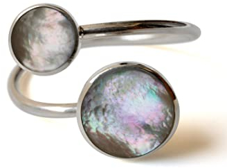 Fly Style 925 Silber Ring für Damen - Offener, Größenverstellbarer Ring Mit Stein oder Muschel - Größe: 22.0 mm, Farbwahl: Helles Perlmutt