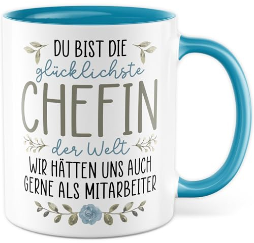 Tasse Chefin Geschenk Du bist die glücklichste Chefin der Welt, Kaffeetasse Bürotasse Wichtelgeschenk, Geschenkidee Mitarbeiter Jubiläum Weihnachten Boss Kaffee-Becher (Weiß/Blau)