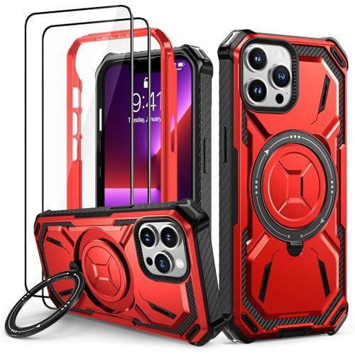 Lanhiem für iPhone 13 Pro Hülle mit 2 Stück Panzerglas und 360° Ring Ständer Handyhülle iPhone 13 Pro Schutzhülle, Militärischer Stoßfest Case Cover, Rot