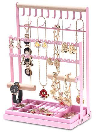 AHYDFSR Espositore per Organizzatore di Gioielli,Portagioie,Portagioie Porta Collane da Tavolo, con Vassoio in Velluto, 15 ganci Torre di esposizione di gioielli Rack di stoccaggio ad albero, Rosa