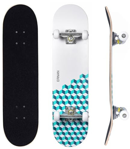 ERNAN Skateboard 31x8 Zoll Komplette für Kinder Jugendliche Erwachsene, komplettes Standard-Skateboards, 7 Schichten Ahorn-Deck, konkaves Skateboard (Ocean Plaid)