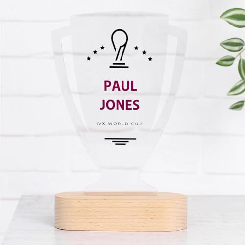 Wanapix | Coppa Trofeo Personalizzabile con Nome | Trofeo Sportivo | Coppa Personalizzata | Plexiglass | Base in Legno Naturale | Coppa del Mondo