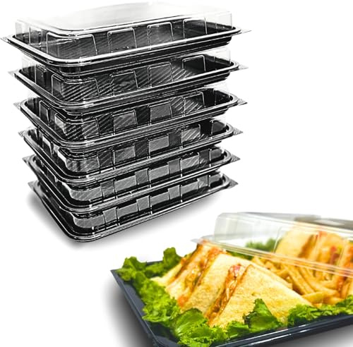 Zumart Pack of 6 Sandwich Platter Trays With lids - Reusable Plastic Catering Trays With Lids for Meal Prep, Cakes, Treats and Sandwiches (33.5cm x 24cm x 6cm)