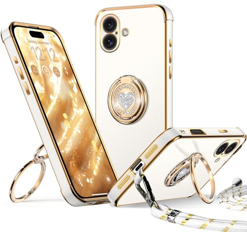 XYZ für iPhone 16 Plus Hülle mit Band, Weiß | Herzen Doppelring Ständer HandyHülle, Frauen Mädchen Dünn Stoßfeste Case mit Handykette, Anti Kratzt SchutzHülle