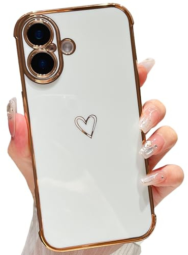 ZTOFERA Heart Phone Case for iPhone 16 (6.1), White | Cute Love Heart Pattern, Fashion Plated Edges, for Girls Women, Flexible Soft Silicone, Shockproof Bumper Cover