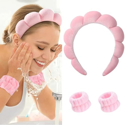 Bandeau Spa pour le Lavage du Visage, Serre Tete Femme Maquillage, Set de Poignets éponge Doux, pour le Maquillage et Soins de Peau Bandeau Antidérapant pour Femme