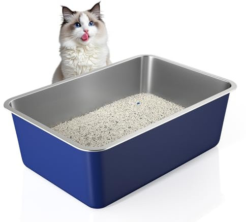 IKITCHEN Blau Große Katzentoilette Edelstahl(60×40×20cm), Litter Box Katzenklo, Katzen und Kaninchen Metall klo, Niemals Gerüche,Fleckfrei,Rostfrei,Antihaft Glatte Oberfläche,Anti-Rutsch Gummiboden