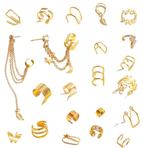 Kotkiddy 22 pièces de boucles d'oreilles dorées pour femme sans perceuse, légères, ajustables et hypoallergéniques, faux clip-on cartilage papillon chaîne torsadée helix set