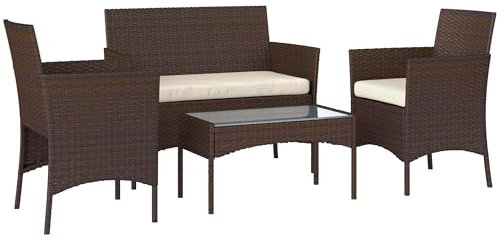 Outsunny Conjunto Jardín Exterior de Ratán con Cojines Conjunto Terraza Resistente a la Intemperie Muebles Jardín Exterior con 2 Sillones Sofá de 2 Plazas Mesa con Cristal Marrón