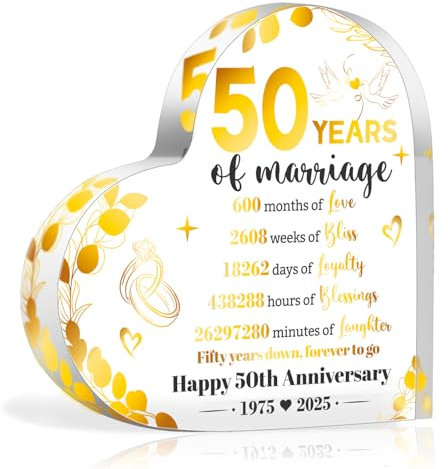 HOWAF 50th Golden Wedding Anniversary Acrylic Plaque Gifts for Anniversary, Golden Wedding Gifts for Her Him Couple, Heart-Shaped Acrylic Sign Romantic gifts for 50th wedding anniversary Decorations