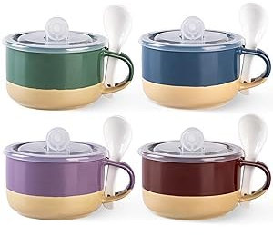 GBHOME Ceramic Soup Mugs with Handles and Lids,24 OZ Soup Cups Set of 4 with Terracotta Underside,Mug Bowls with Spoon for Soup/Cereal/Salad/Noodles/Ramen/Microware &Dishwasher Safe-Multicolor-2