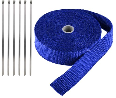LKRXW Hitzeschutzband Auspuffband Glasfaser Auspuff Isolierband Hitzeschutz | Motorrad Auspuffkrümmer Band Hitzeschild Thermoband Krümmerband Wickelband Blau 2,5CM x 10M mit 6 Kabelbinder