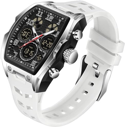 findtime Herren Armbanduhr Große Rechteckige Herrenuhr Sportlich Chronographen Datum Wasserdicht Militär Designer Uhren fur Männer Weiß Silikonband