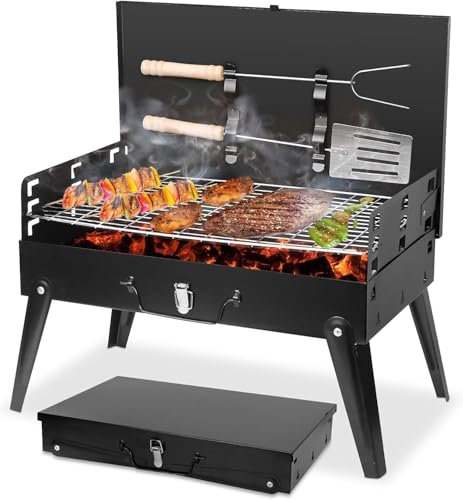 Portable Charcoal Grill, Small BBQ Grills Outdoor Folding Barbecue Grilling with Barbecue Accessories & Lid, Foldable Camping Grill for Outdoor Cooking Camp Picnic Hiking Beach Patio Smokers