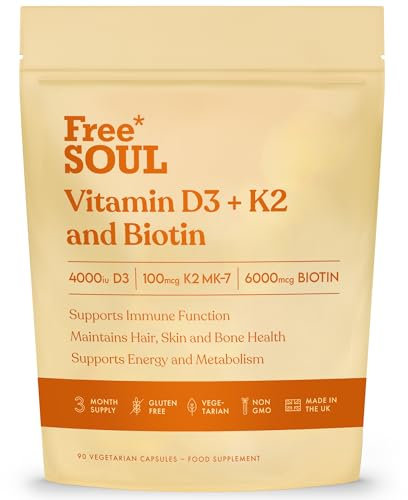 Vitamin D3 + K2 and Biotin, 3 in 1 Complex | High Strength D3 4000IU, K2 MK-7 & Biotin 6000mcg | Immunity, Heart, Hair, Skin, Nails, Support | UK Made | Lab-Tested | 90 Capsules | Free Soul