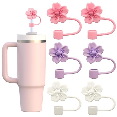 FIGCY 6 Pcs Silicone Straw Accessories, Floral Design Straw Covers, Dustproof Tumbler Accessories for Stanley Cup 30/40 Oz, Colorful Set in Pink, White, and Purple for 9-10 mm Straws