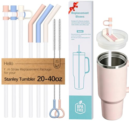 WK ieason 6pcs Reusable Straws for Stanley 40 oz 30 oz Cup and Tumbler, 12 Inch Long Plastic Replacement Straws with Silicone straw Tips, Straw Cover and Cleaning Brush As Stanley Cup Accessories