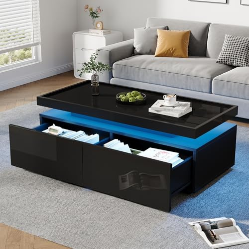 BTM 95x45x35cm Couchtisch, Wohnzimmertisch mit LED, kaffeetisch mit 2 Schubladen, Hochglanz Sofatisch, moderner minimalistischer Tisch, Beistelltisch mit geometrischem Design, Schwarz