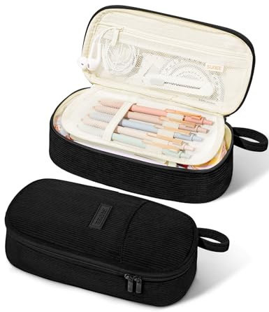 SUNEE Trousse Grande Capacité avec Compartiments, Velours Côtelé Trousse Scolaire, Sac de Papeterie Organisateur, Trousse à Crayons Portable pour Le Bureau,pour étudiants Fille Garçon,Noir Charbon