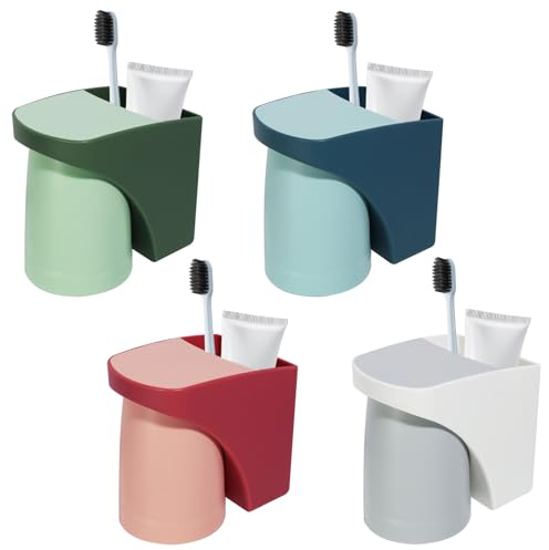 Set de 4 Vasos para Cepillos de Dientes Magnéticos con Soporte para Pared – Montaje sin Taladro, Ahorra Espacio