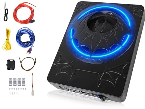 OiLiehu Slim Under Seat Car Subwoofer, 10 1200W Subwoofer Stereo Surround Sound, Built-in Audio Amplifier, with Blue LED Ambient Light, Low and High-Level Inputs, Car Audio Speaker for Any Vehicle