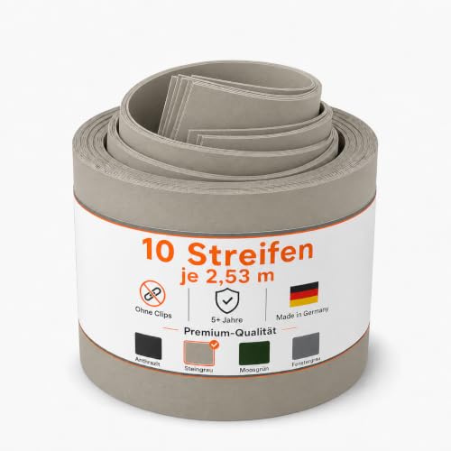 SCHUTZ-FUX Sichtschutzstreifen (10 Stück) 253cm x 19,1cm Steingrau RAL 7030 – 1,1mm Dick, UV-Stabil & Selbsttragend Ohne Klemmen – Für Doppelstabmattenzaun – Made in Germany