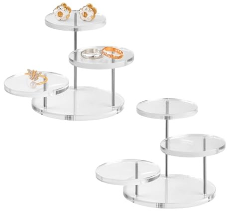 MABAHON Mini-Acryl-Tellerständer mit 3 Ebenen, transparent, mit 5 cm runden Tabletts für Minifiguren, Ringe, 2 Stück