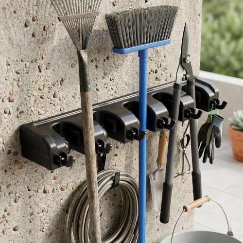 Vinsani Broom Mop Holder Wall Mounted Heavy Duty 5 Holders & 6 Hooks, Black | Storage Organiser with Anti-Slip Grip, Utility Room & Broom Cupboard Storage for Kitchen, Bathroom, Garage & Garden